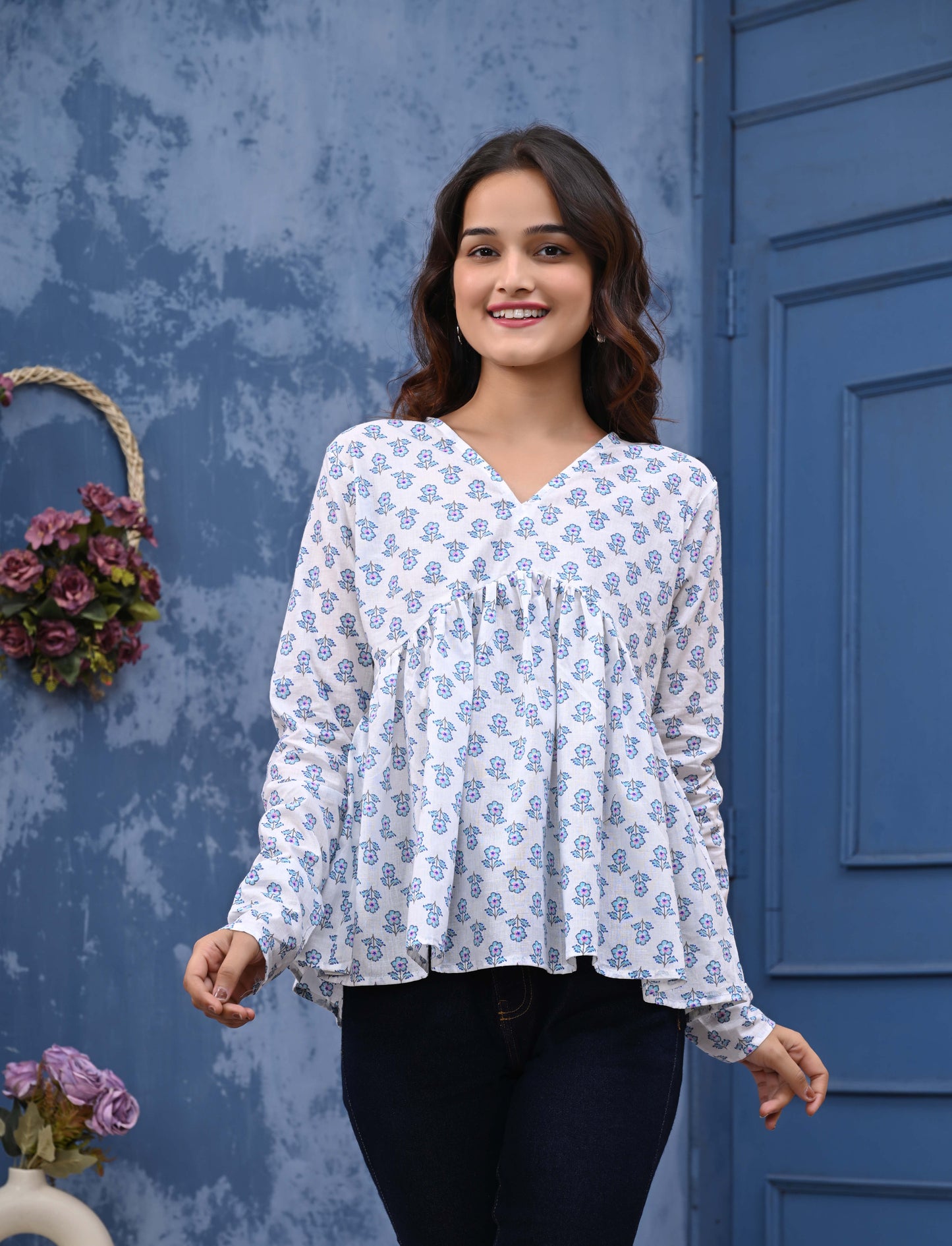 White Blue Flower Print Sanganeri Women's Top