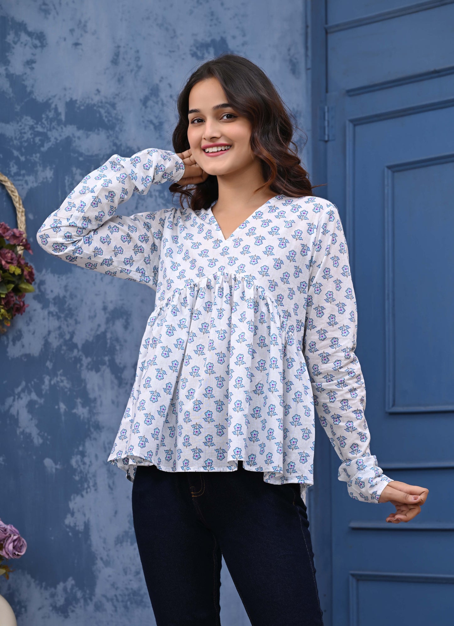 White Blue Flower Print Sanganeri Women's Top