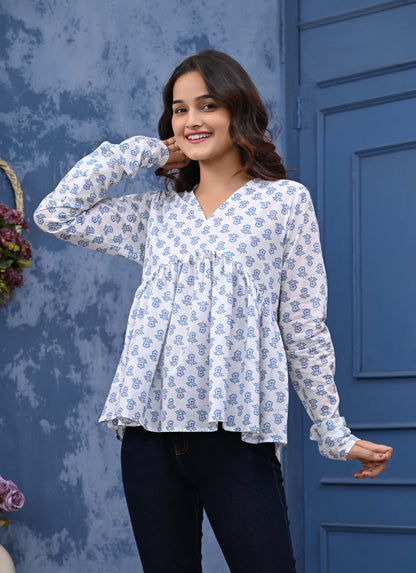White Blue Flower Print Sanganeri Women's Top
