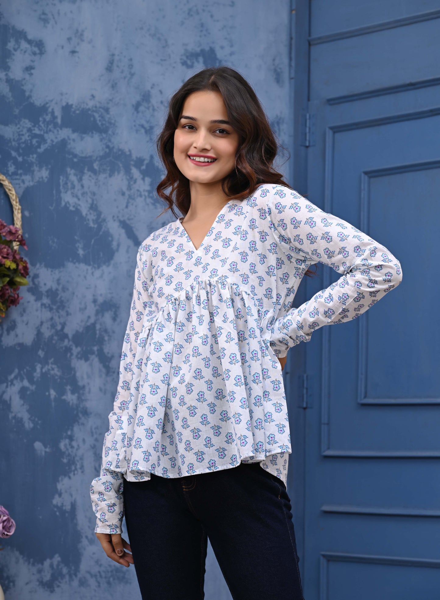 White Blue Flower Print Sanganeri Women's Top