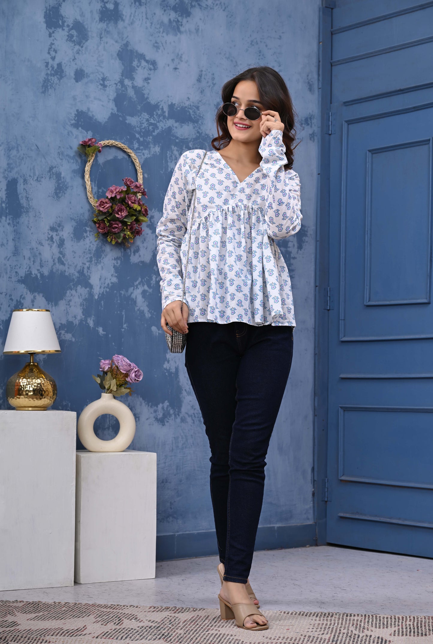 White Blue Flower Print Sanganeri Women's Top