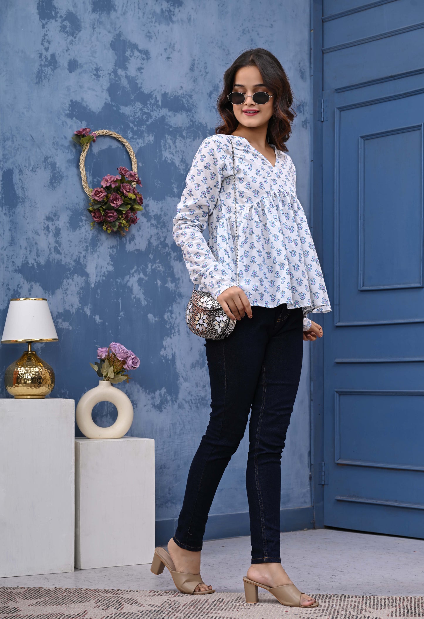 White Blue Flower Print Sanganeri Women's Top