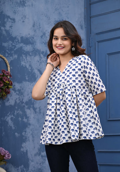 Blue Elephant Print Sanganeri Women's Top