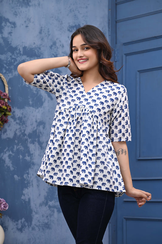Blue Elephant Print Sanganeri Women's Top