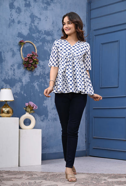 Blue Elephant Print Sanganeri Women's Top