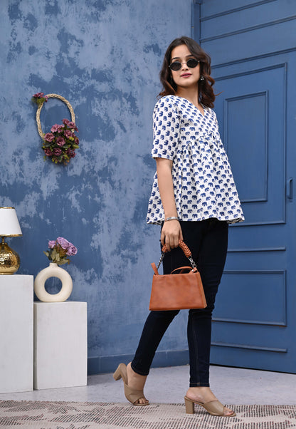 Blue Elephant Print Sanganeri Women's Top