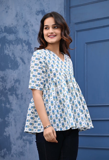 Blue Greem Feather Print Sanganeri Women's Top
