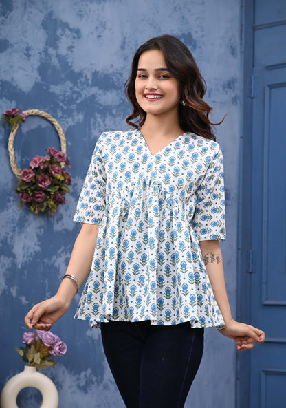 Blue Greem Feather Print Sanganeri Women's Top