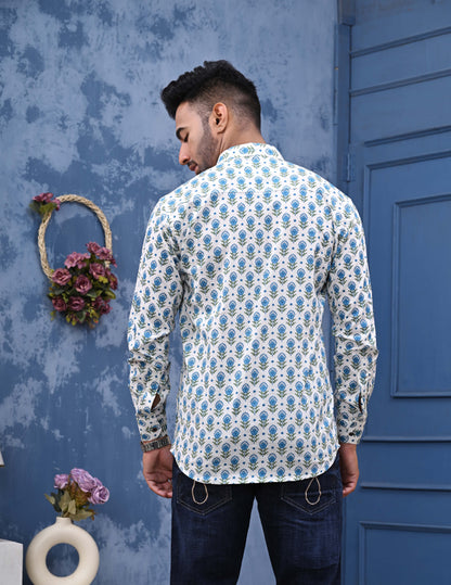 Blue Green Feather Print Sanganeri Shirt
