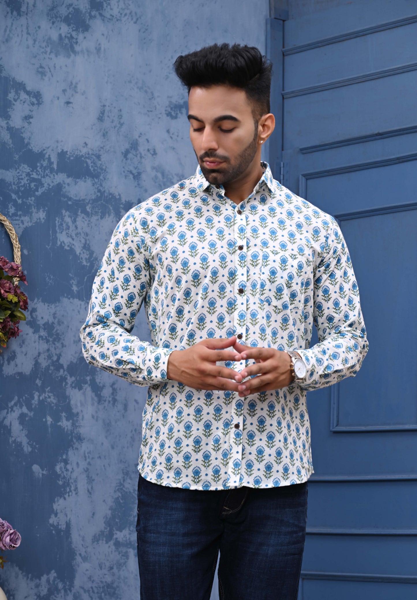 Blue Green Feather Print Sanganeri Shirt