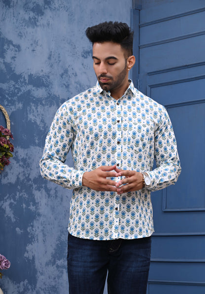 Blue Green Feather Print Sanganeri Shirt