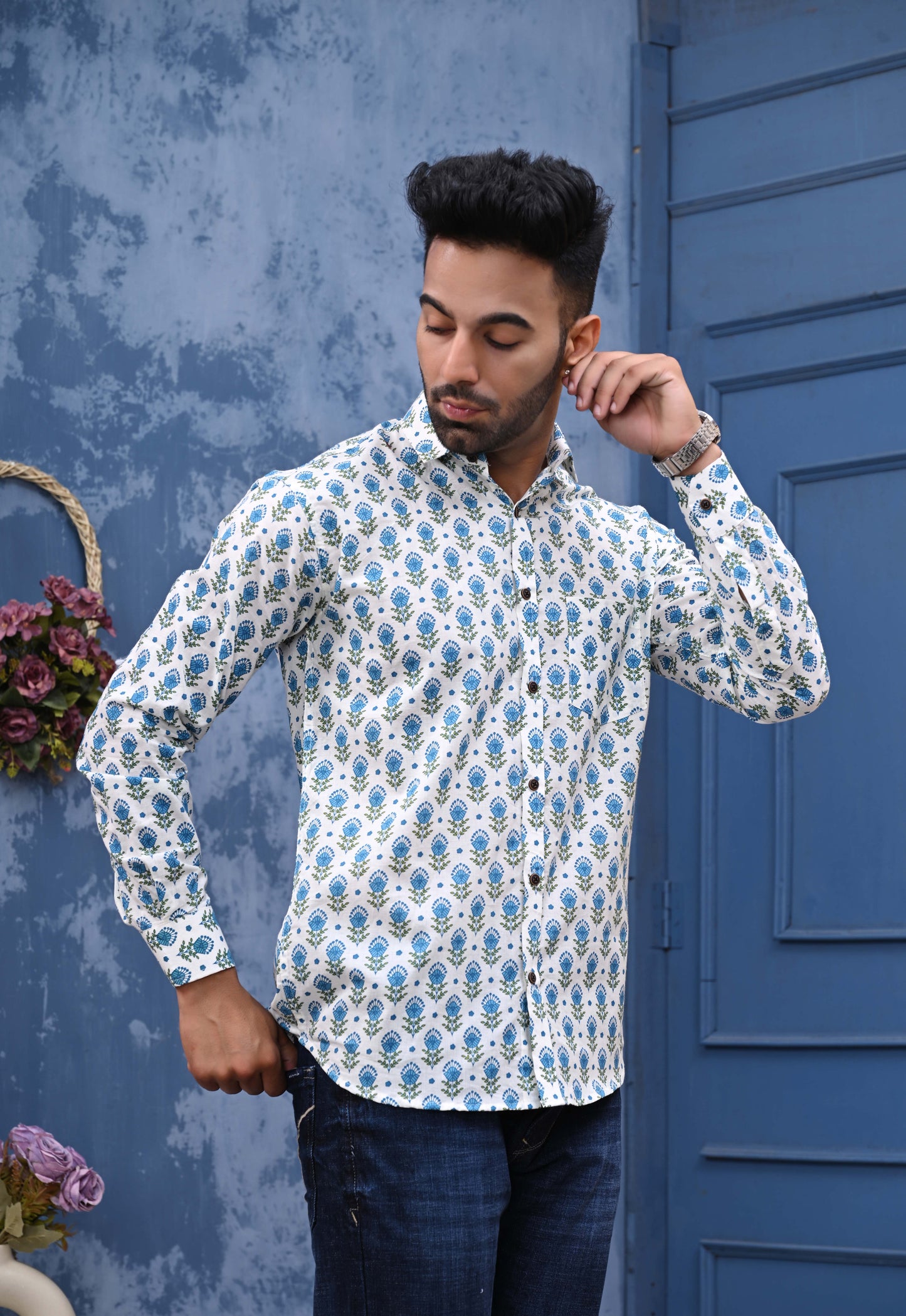 Blue Green Feather Print Sanganeri Shirt