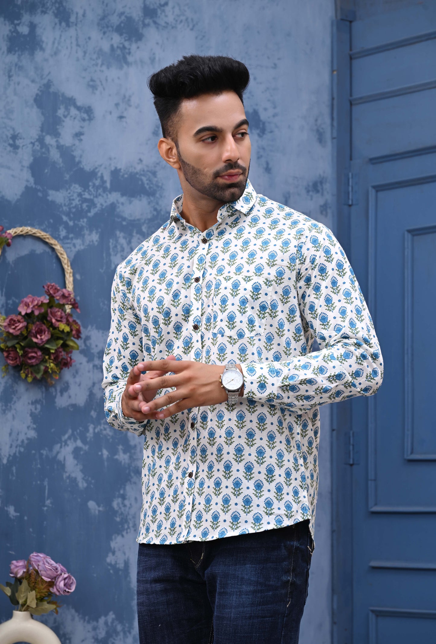 Blue Green Feather Print Sanganeri Shirt
