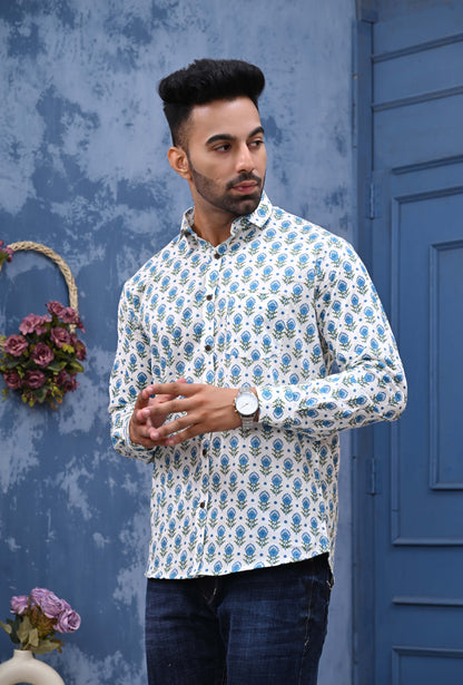 Blue Green Feather Print Sanganeri Shirt