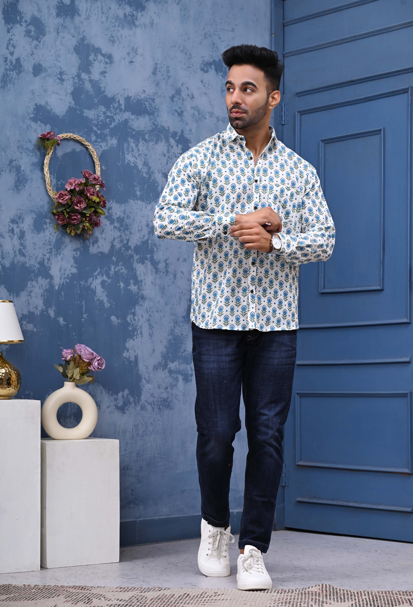 Blue Green Feather Print Sanganeri Shirt