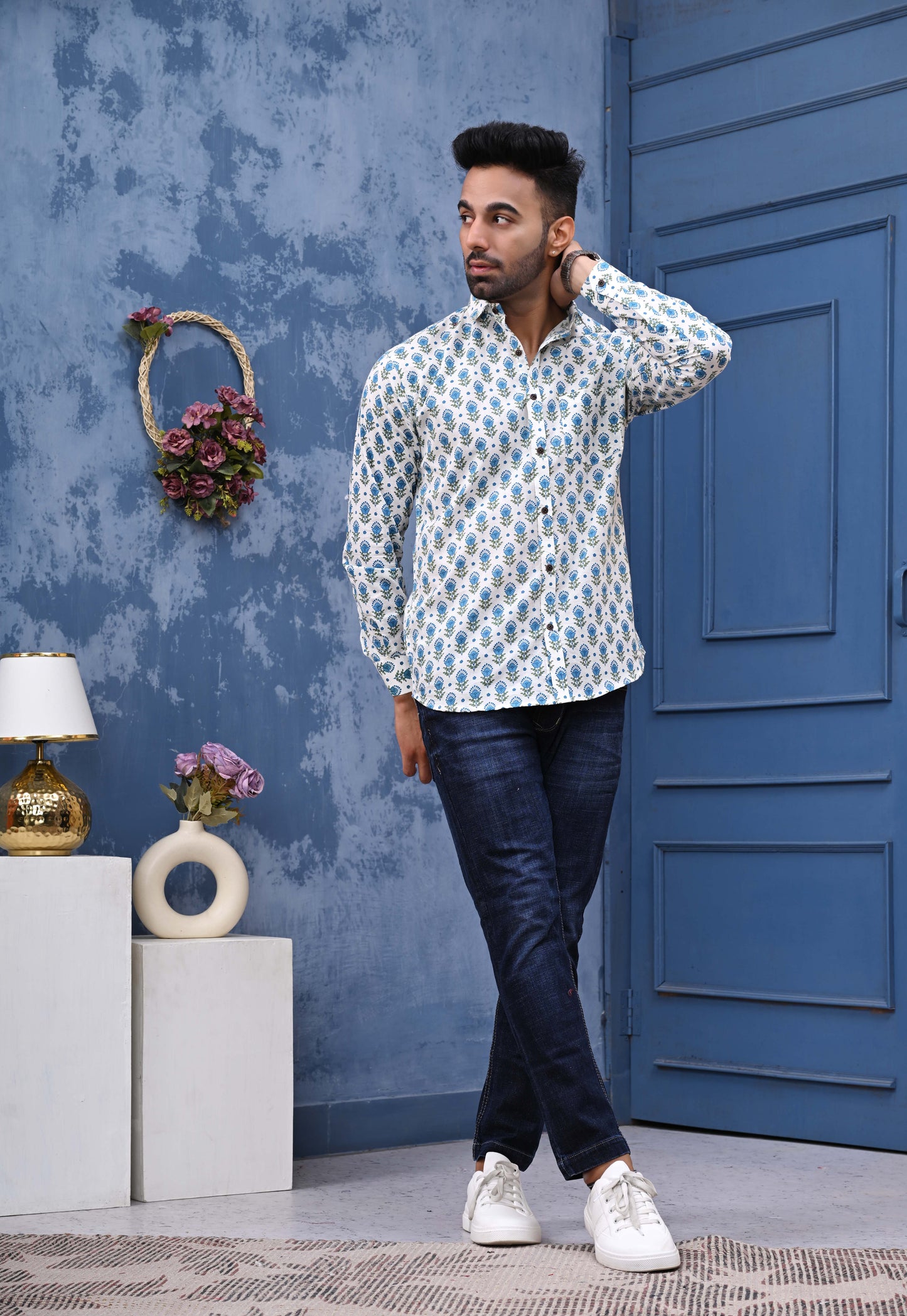 Blue Green Feather Print Sanganeri Shirt