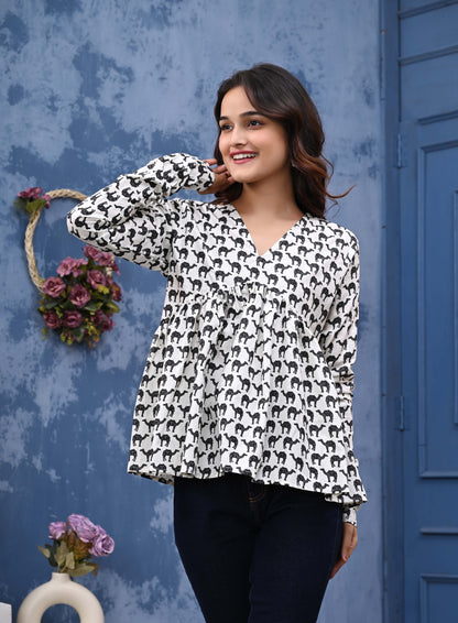 White Camel Print Sanganeri Women's Top