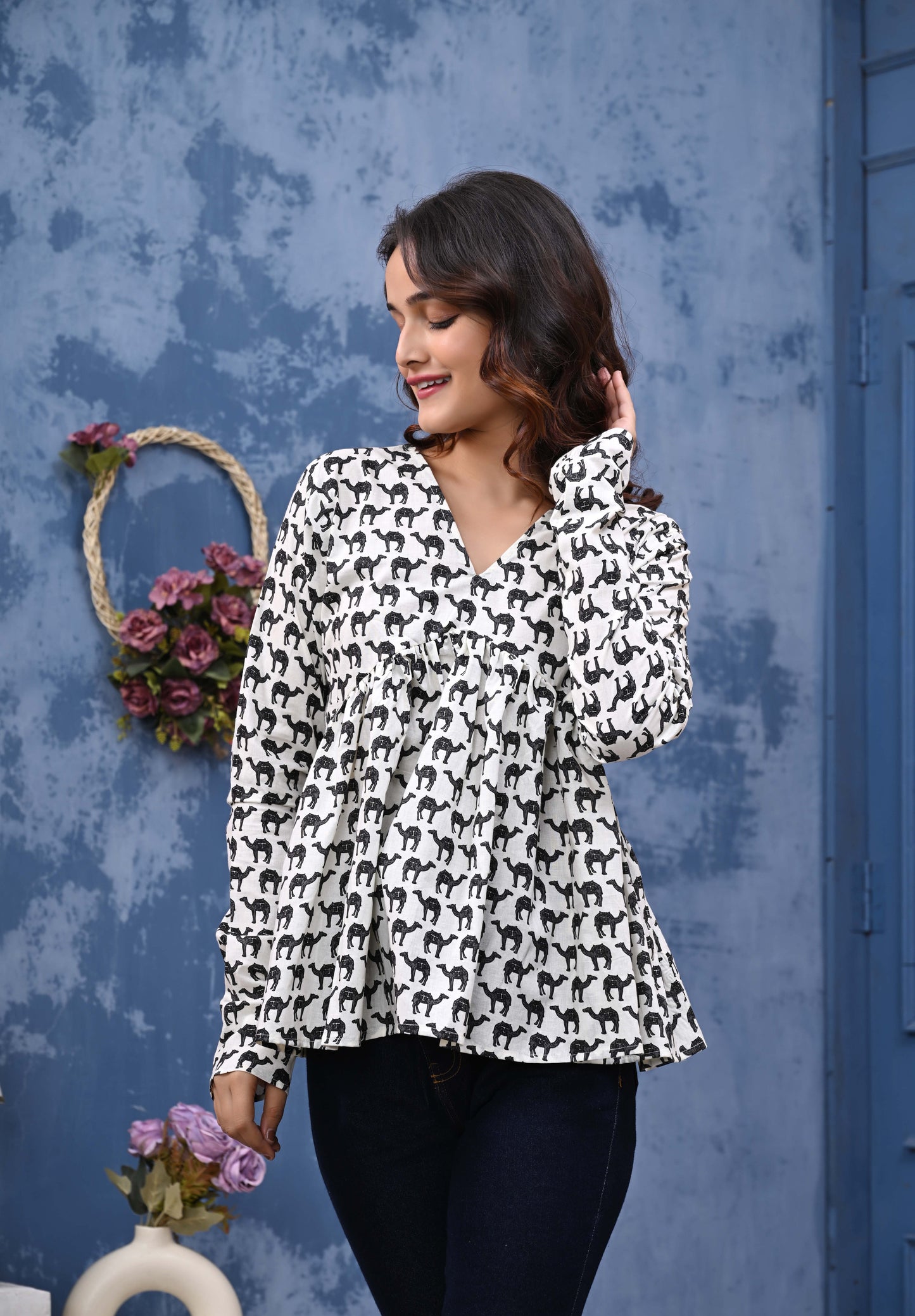 White Camel Print Sanganeri Women's Top
