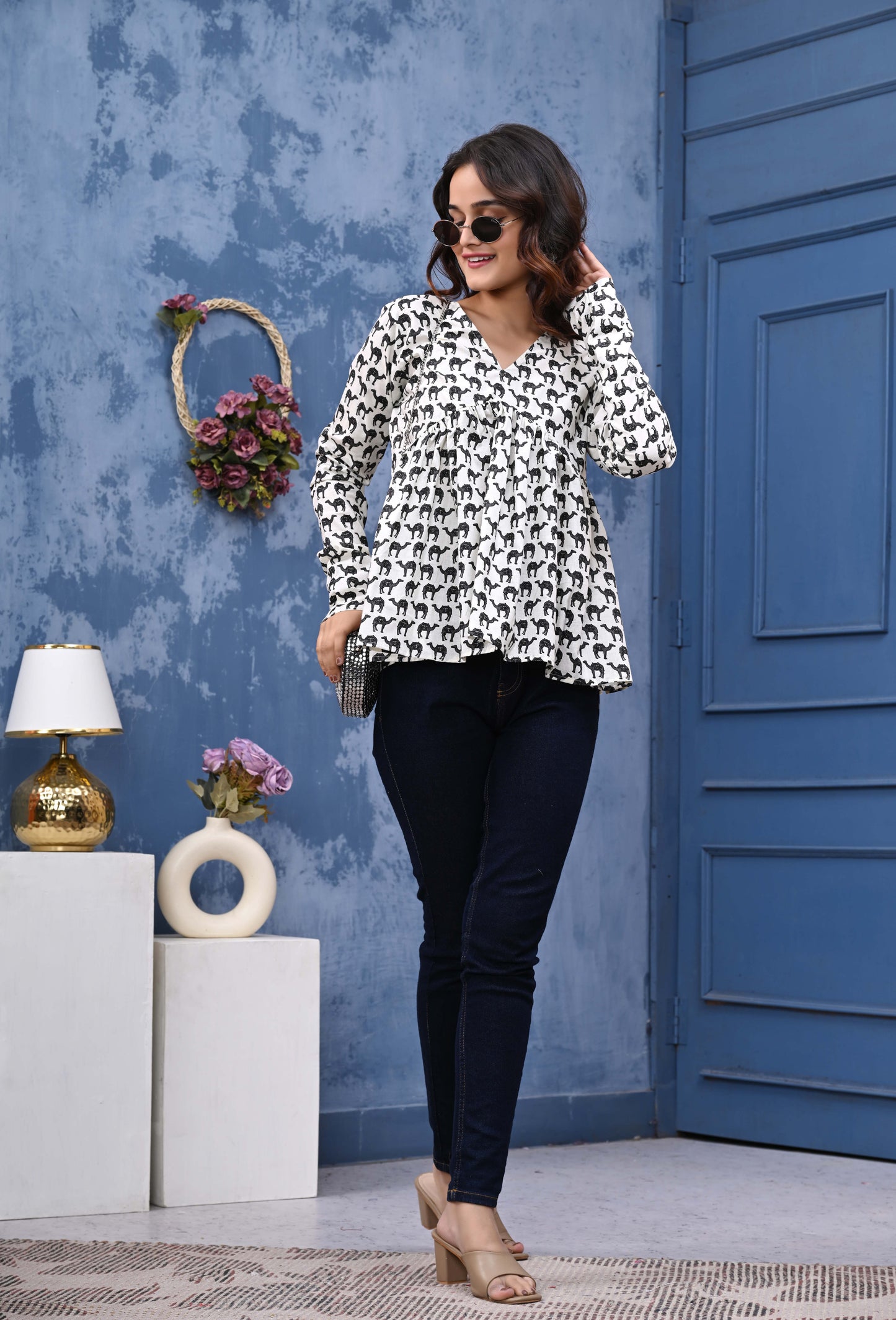 White Camel Print Sanganeri Women's Top