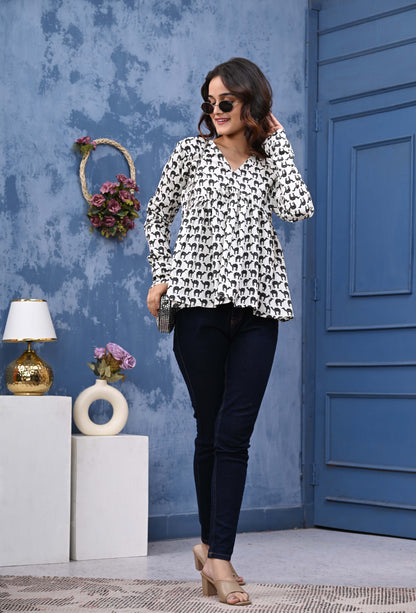 White Camel Print Sanganeri Women's Top