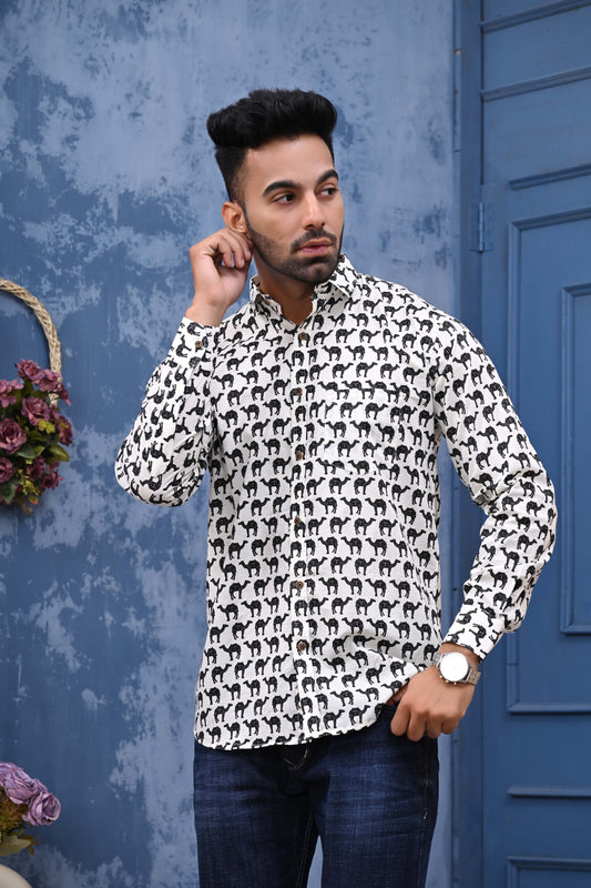 White Camel Print Sanganeri Shirt