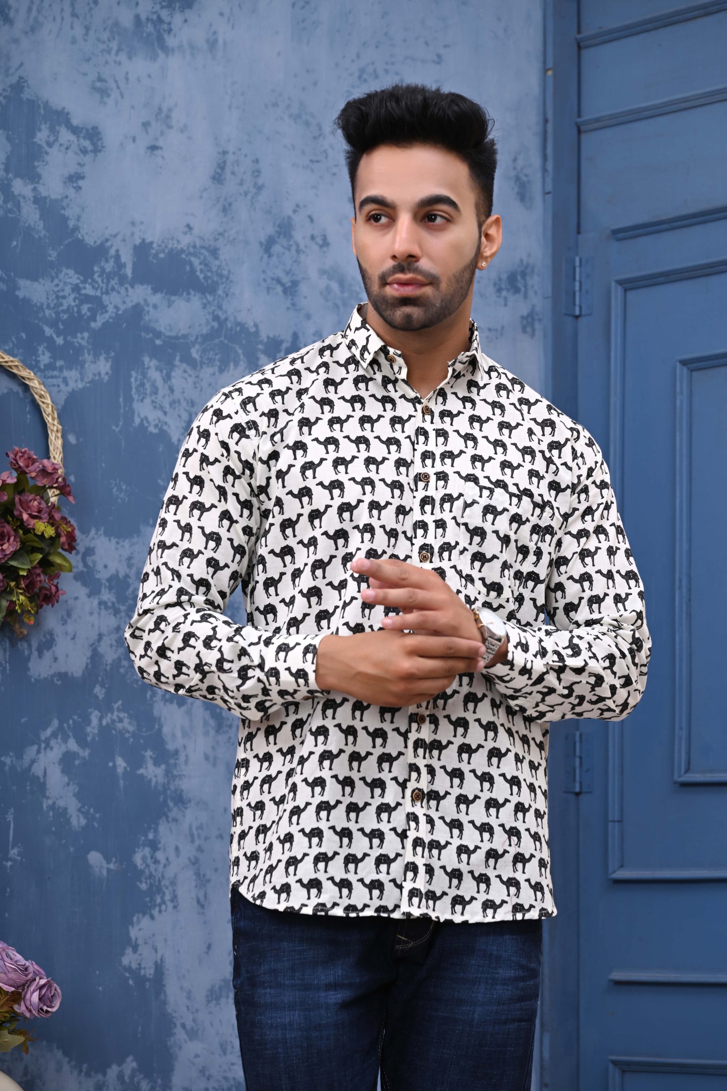 White Camel Print Sanganeri Shirt