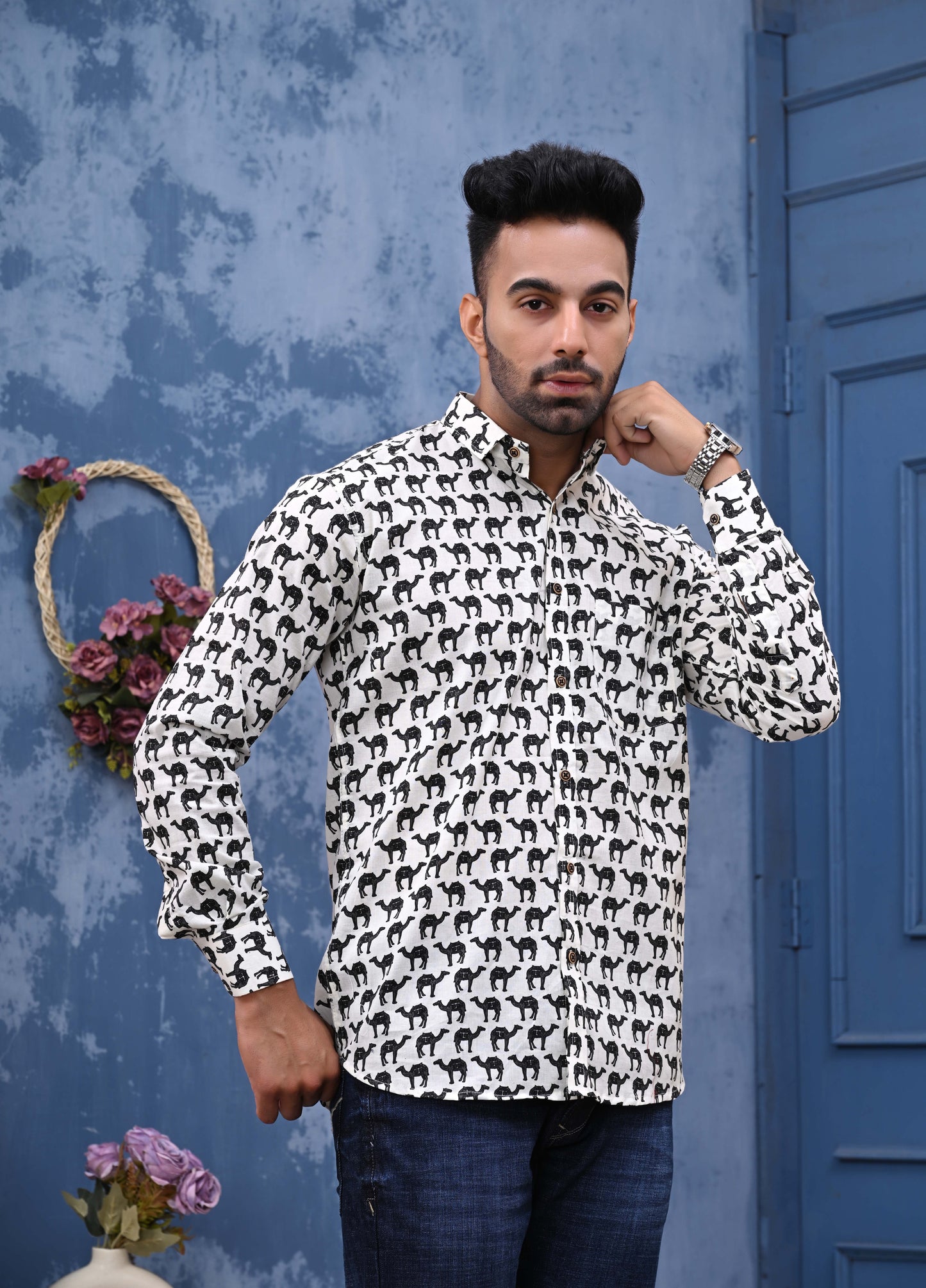 White Camel Print Sanganeri Shirt