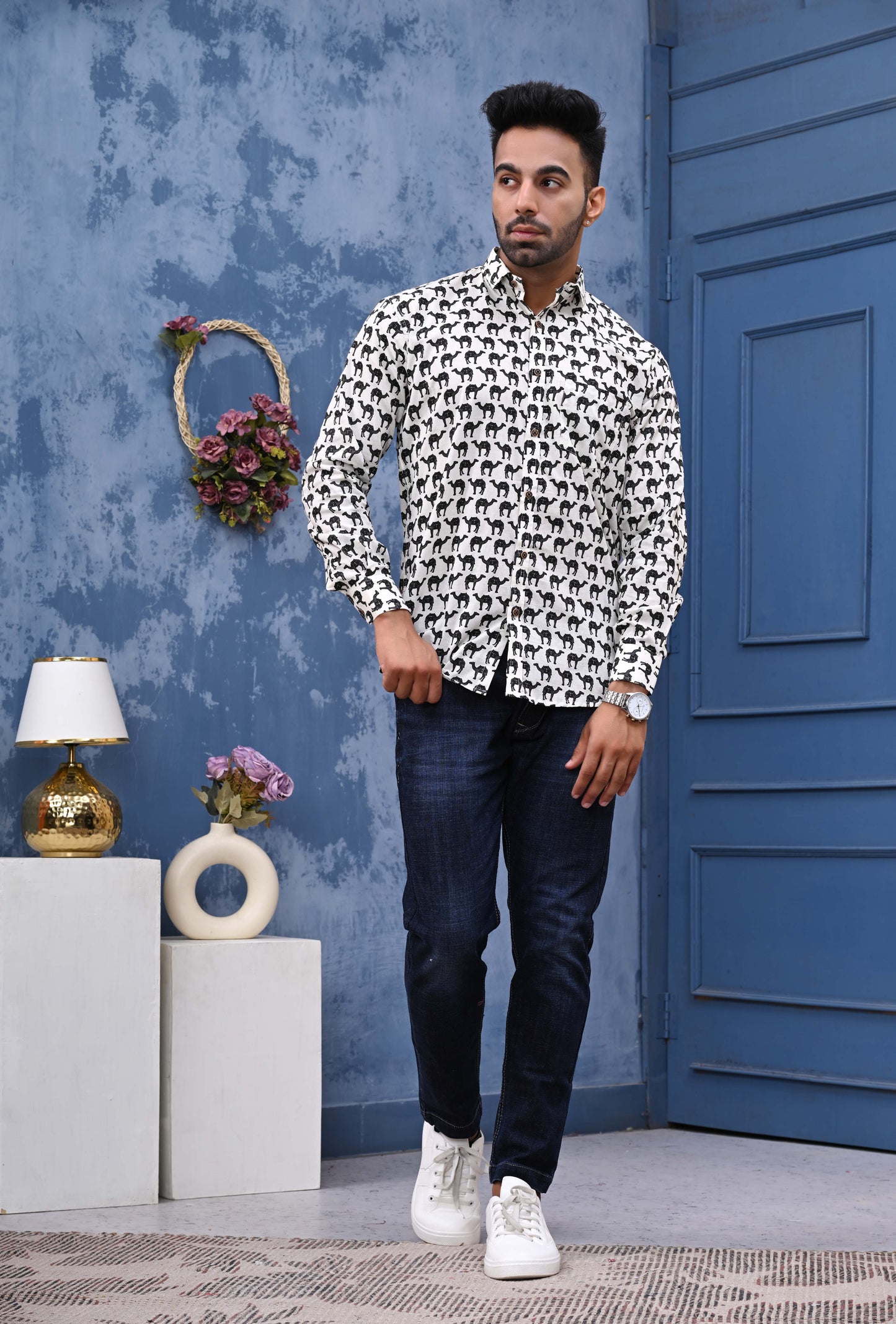 White Camel Print Sanganeri Shirt