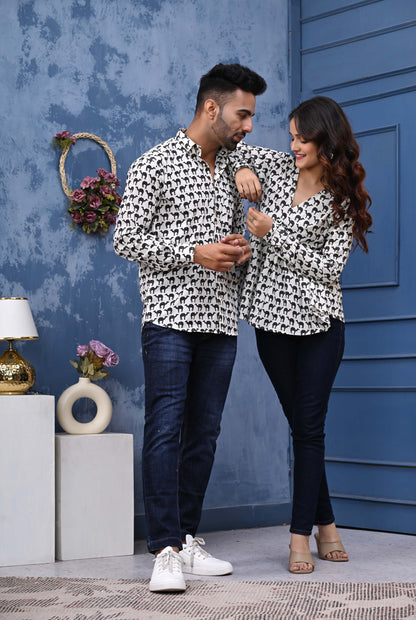 White & Black Camel Print Sanganeri Couple Set