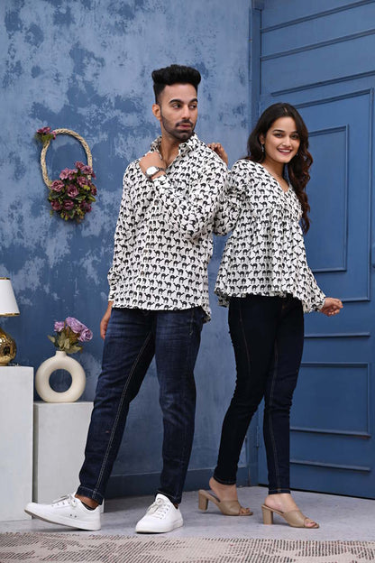 White & Black Camel Print Sanganeri Couple Set