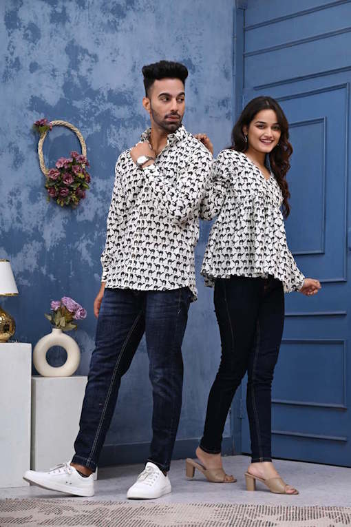 White & Black Camel Print Sanganeri Couple Set