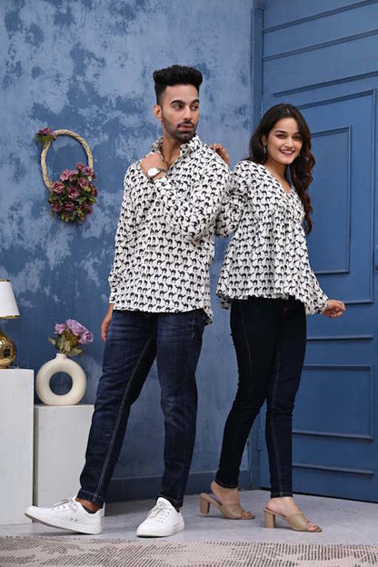 White & Black Camel Print Sanganeri Couple Set