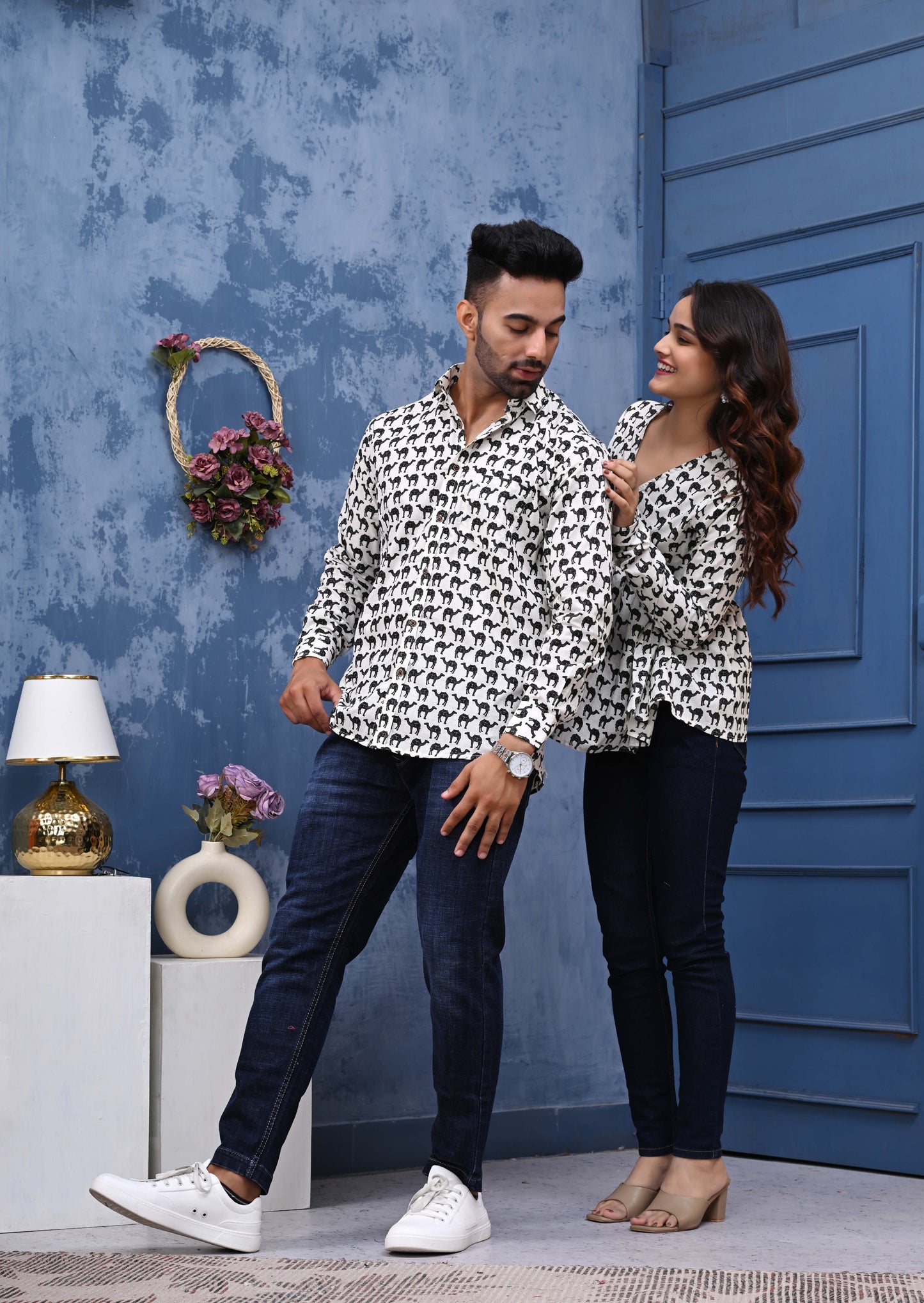 White & Black Camel Print Sanganeri Couple Set