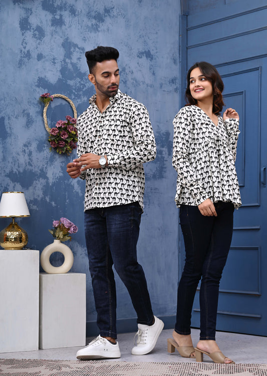 White & Black Camel Print Sanganeri Couple Set