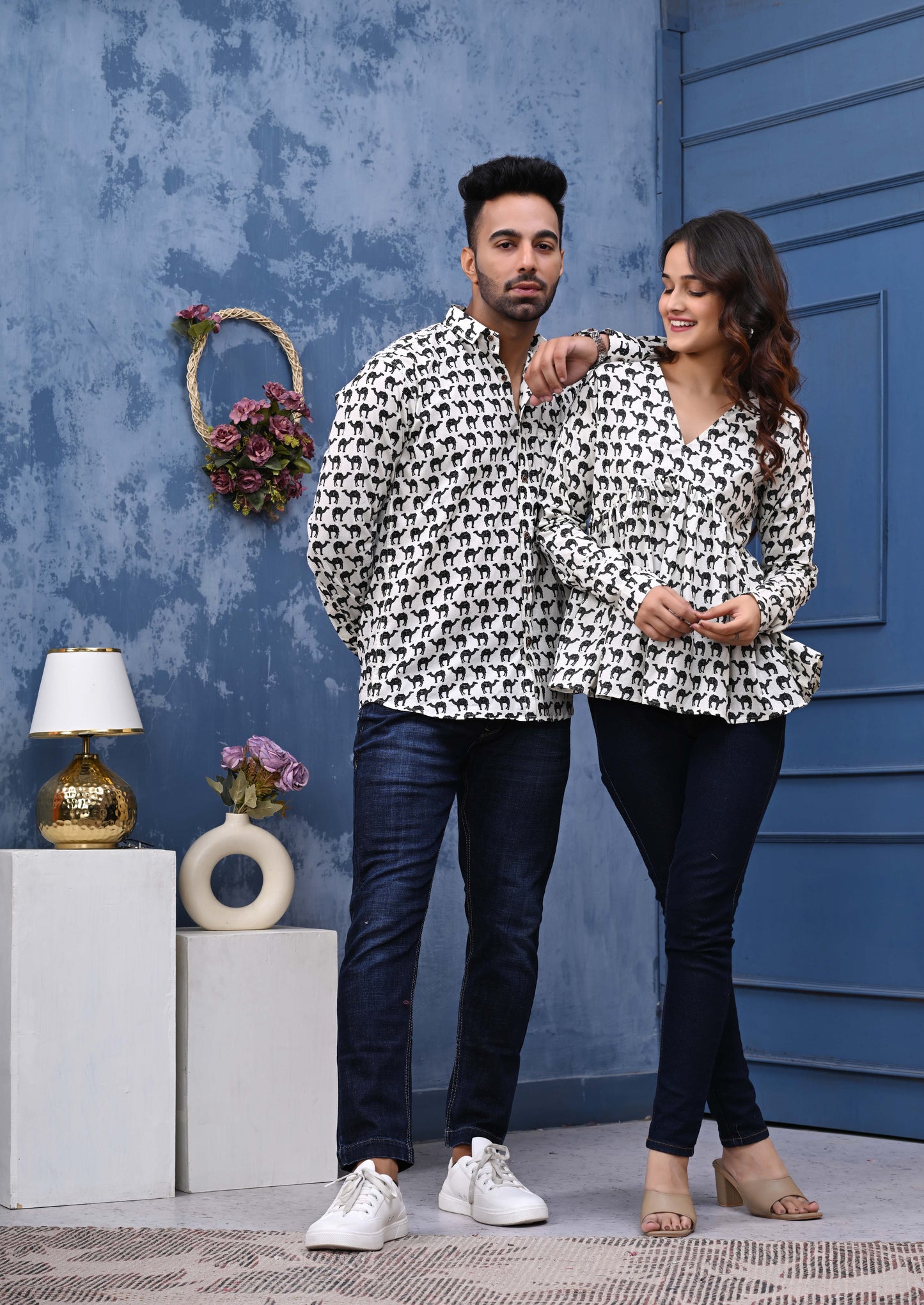 White & Black Camel Print Sanganeri Couple Set