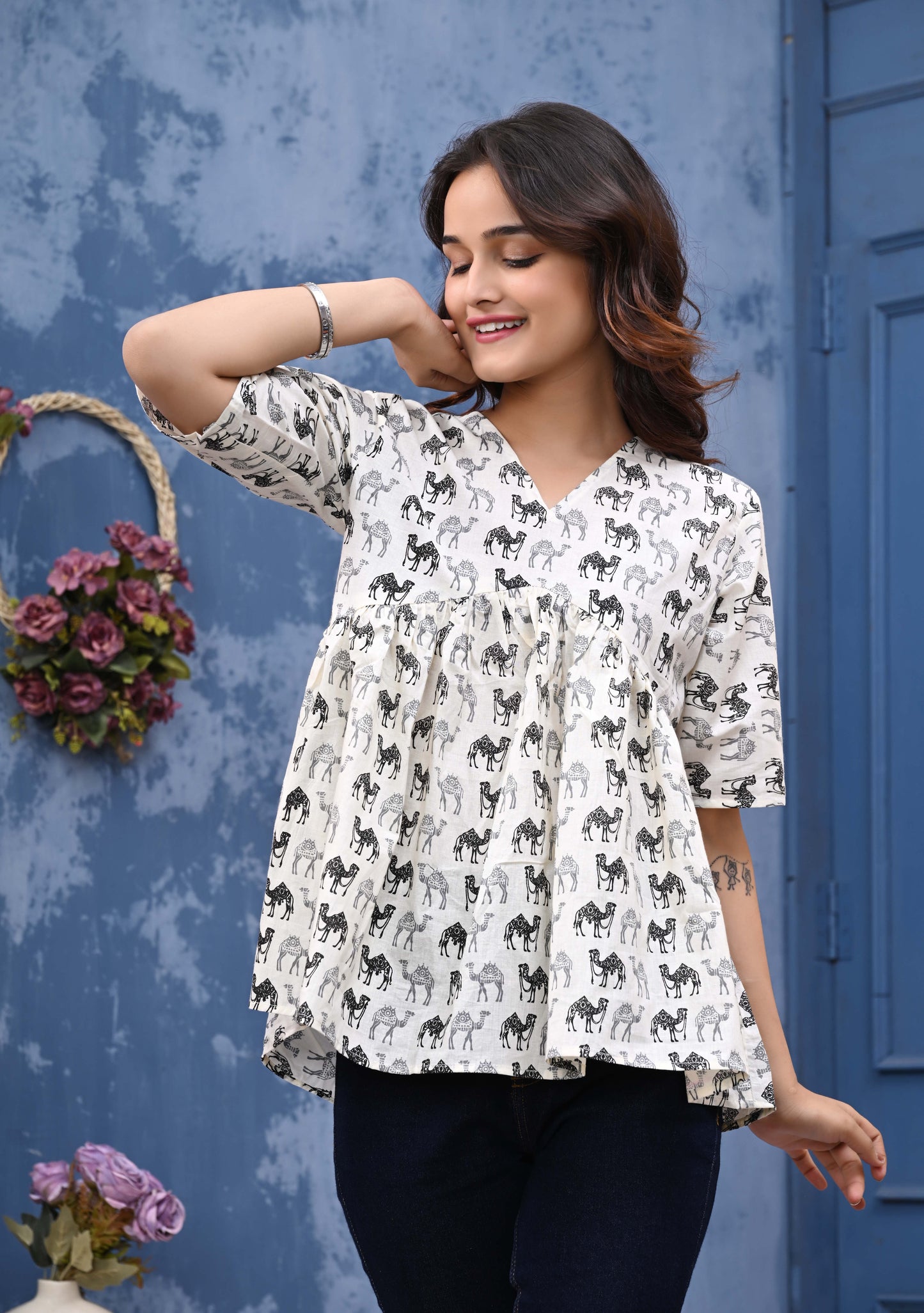 Camel Print Sanganeri Women's Top