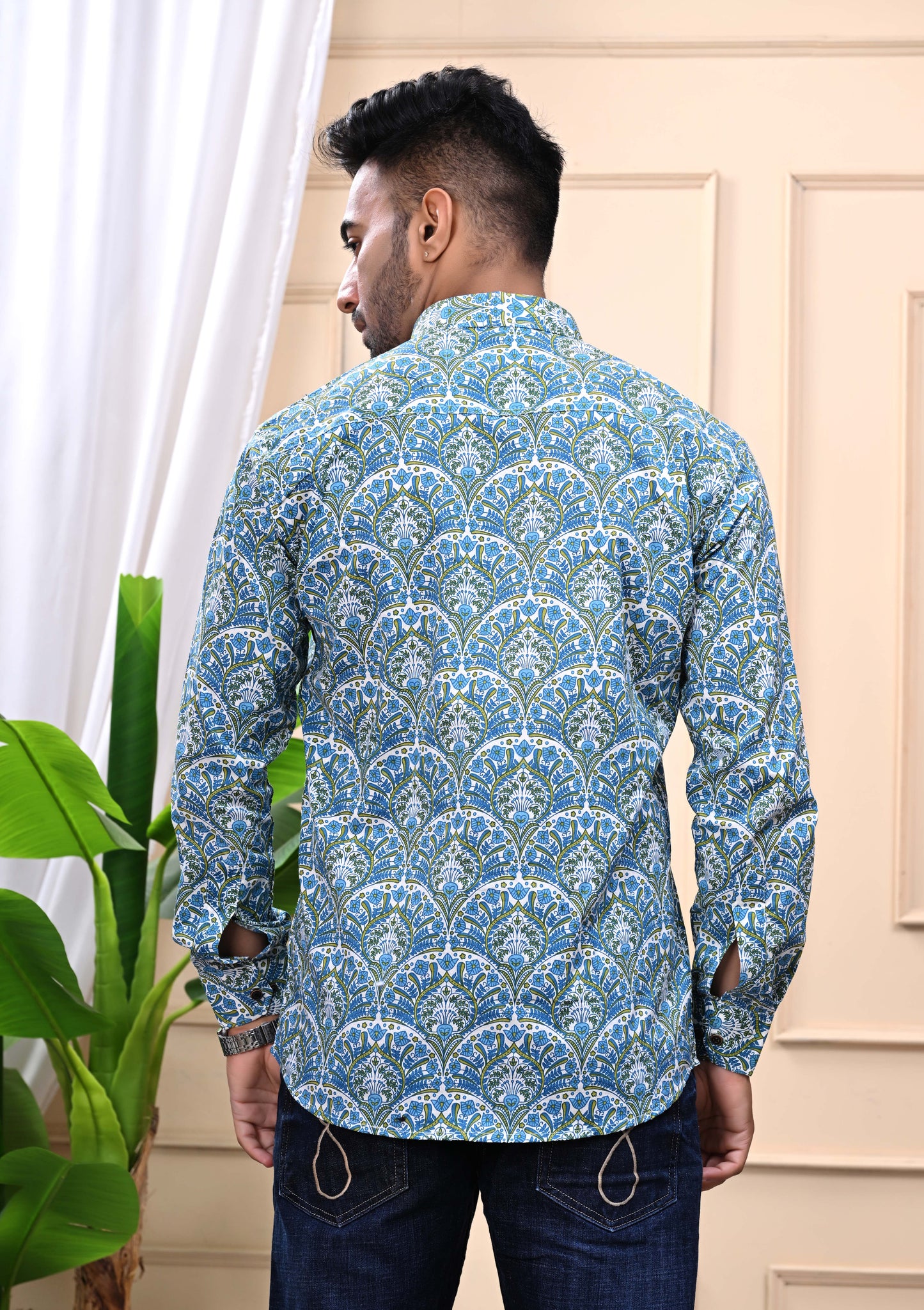 Blue Green Floral Print Sanganeri Shirt
