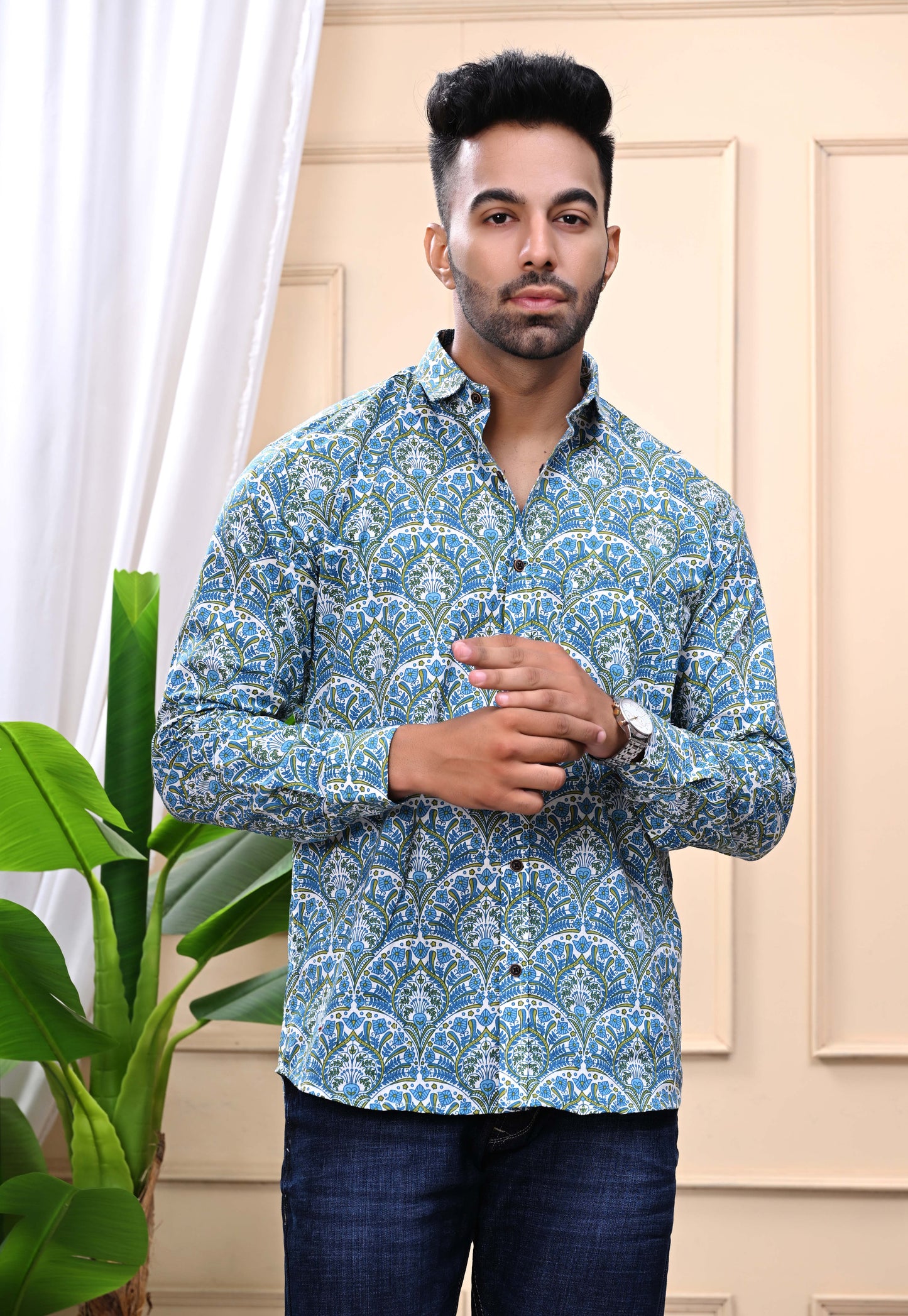 Blue Green Floral Print Sanganeri Shirt