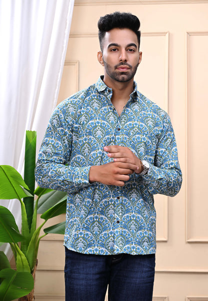 Blue Green Floral Print Sanganeri Shirt