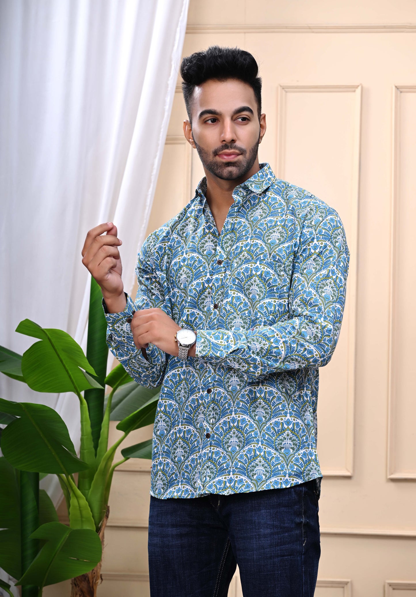 Blue Green Floral Print Sanganeri Shirt