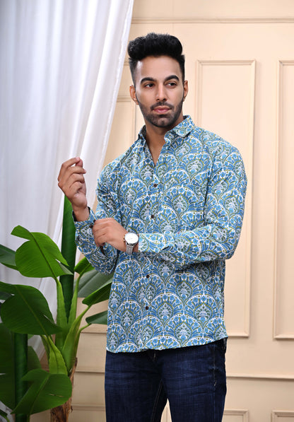 Blue Green Floral Print Sanganeri Shirt