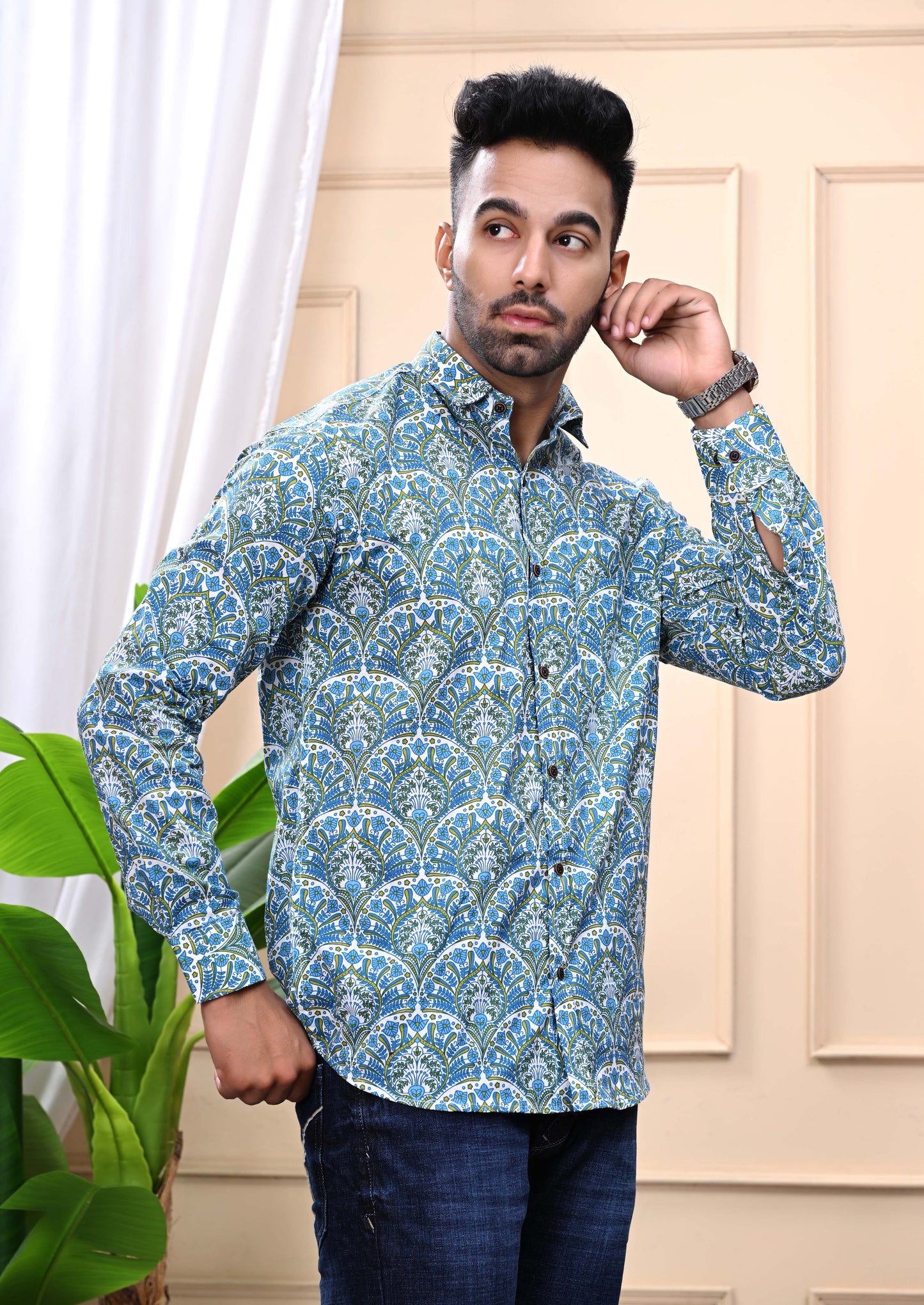 Blue Green Floral Print Sanganeri Shirt