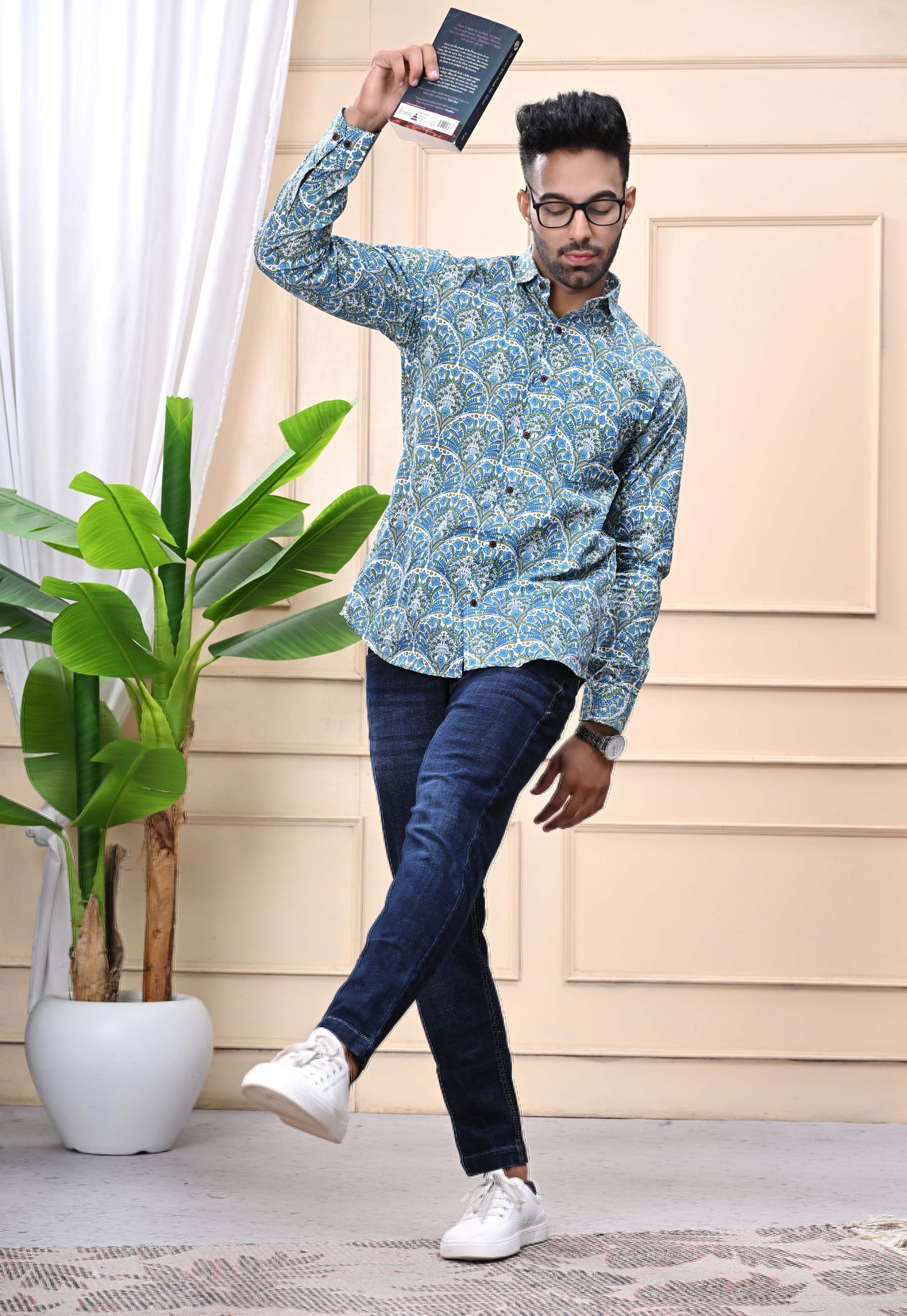 Blue Green Floral Print Sanganeri Shirt