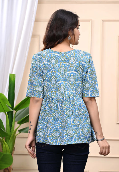 Blue Green Floral Print Sanganeri Women's Top