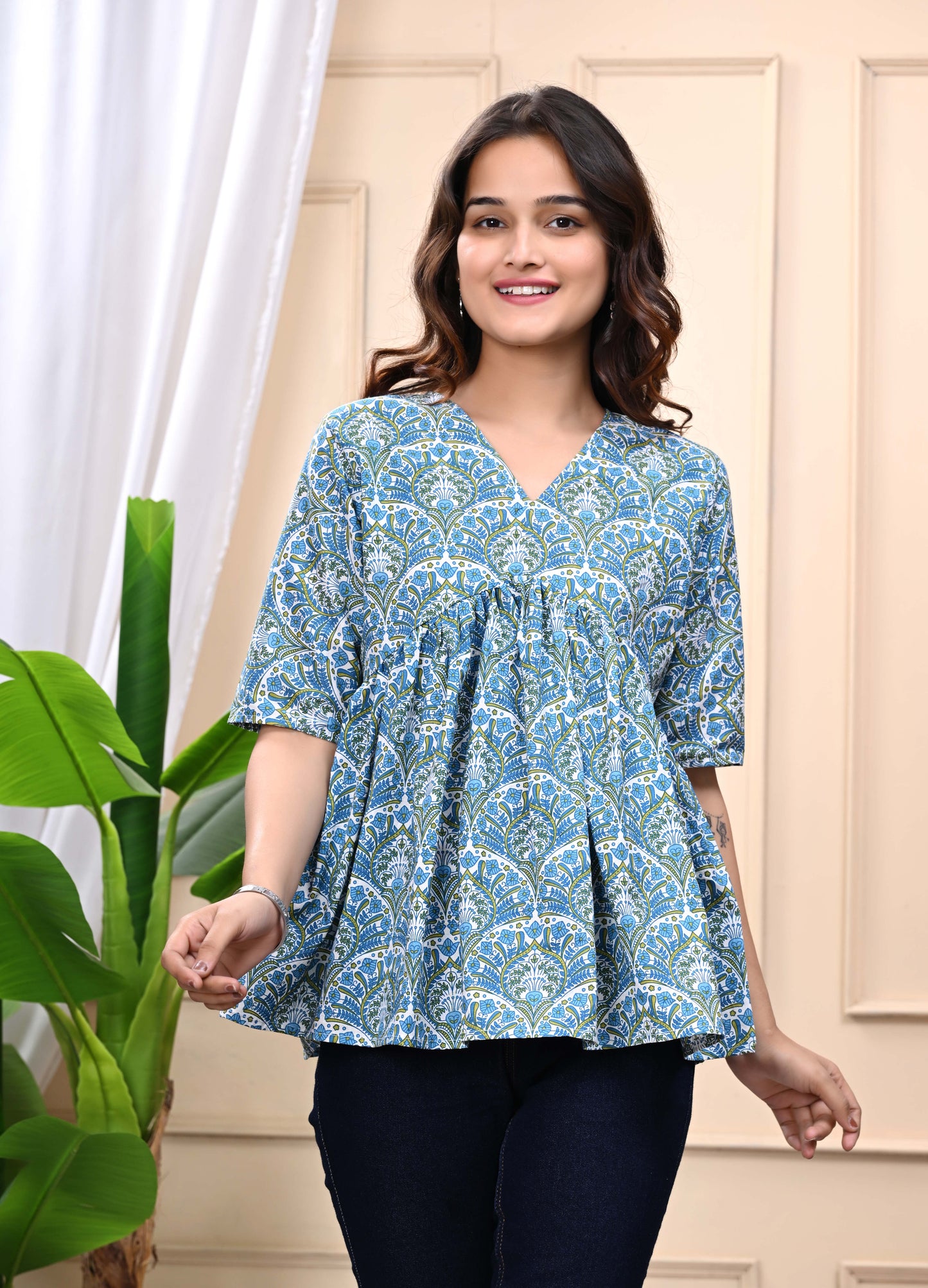 Blue Green Floral Print Sanganeri Women's Top