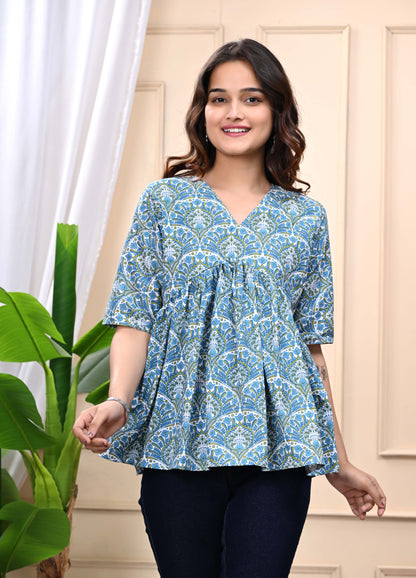 Blue Green Floral Print Sanganeri Women's Top