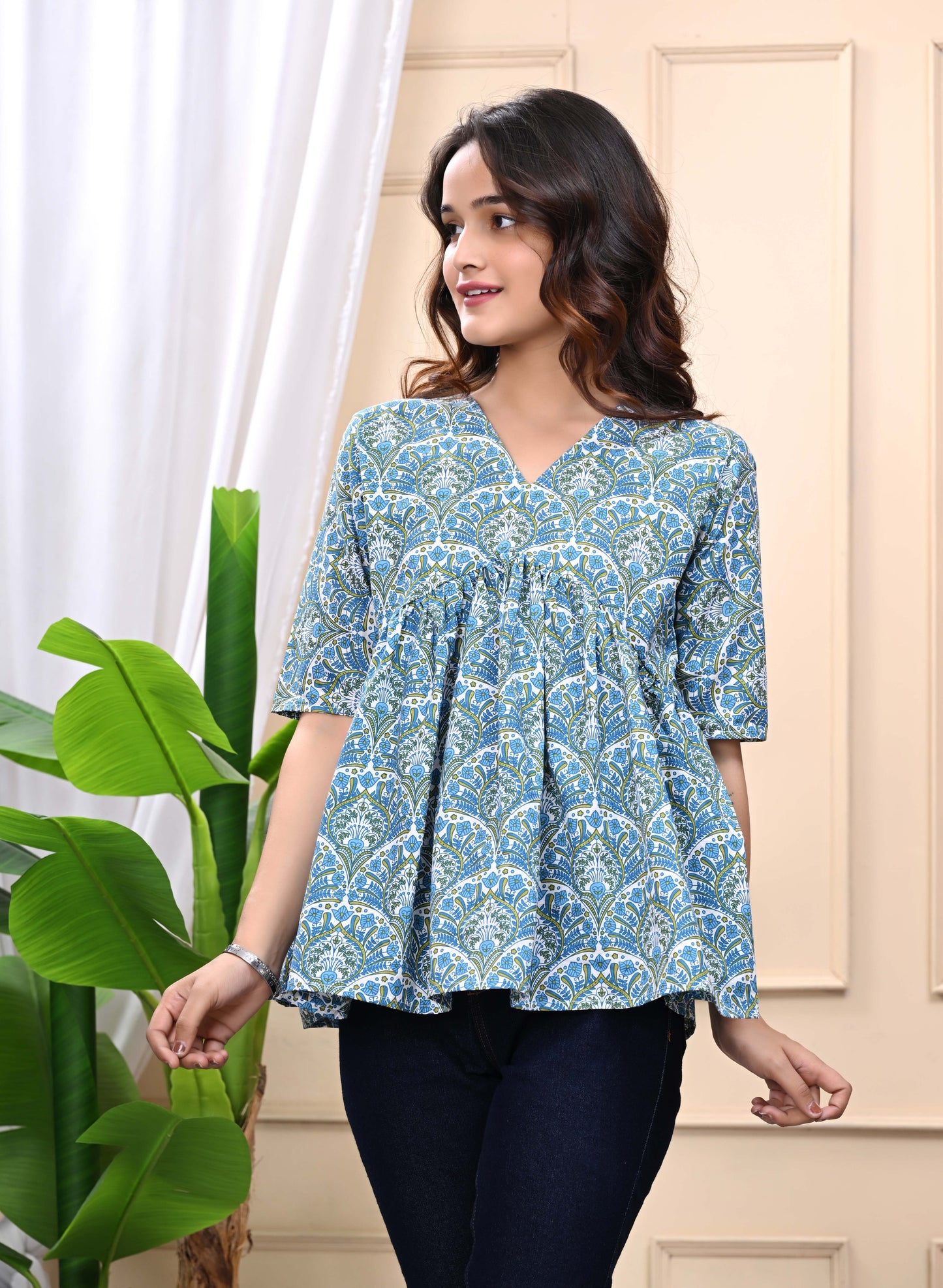 Blue Green Floral Print Sanganeri Women's Top
