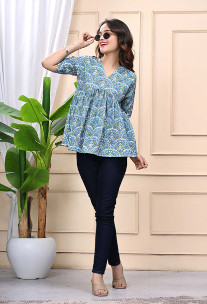 Blue Green Floral Print Sanganeri Women's Top
