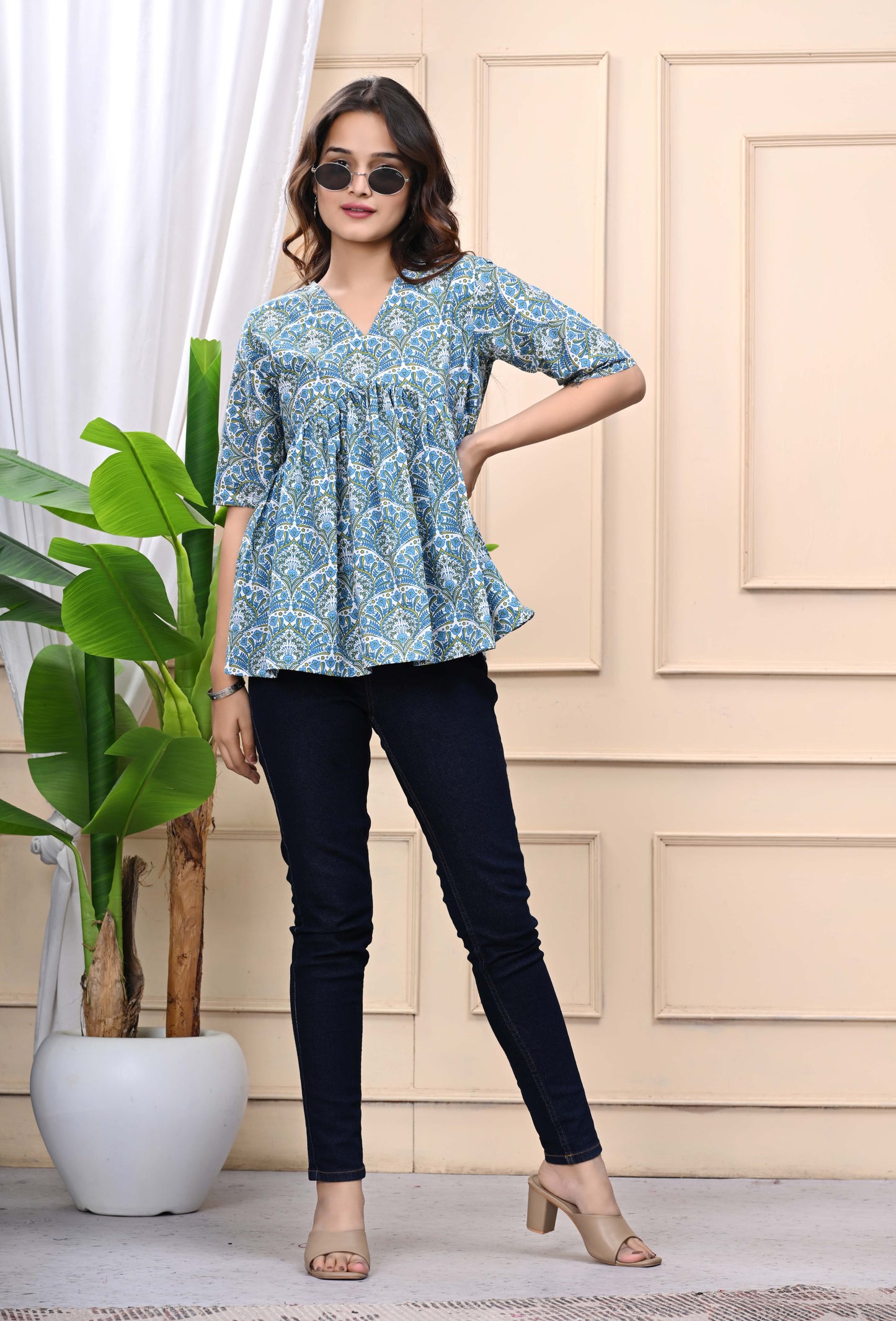 Blue Green Floral Print Sanganeri Women's Top