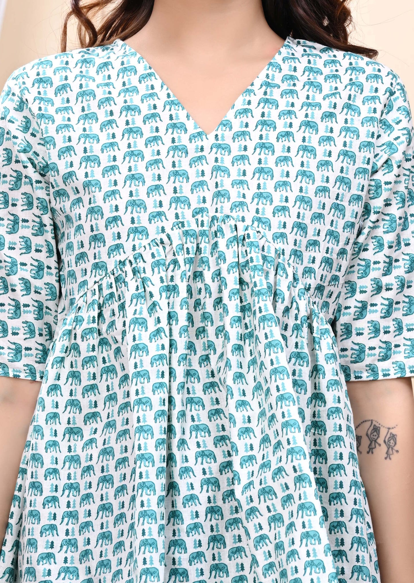 Green Elephant Print Sanganeri Women's Top